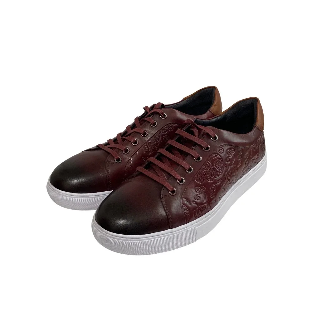 Robert‎ Graham Mens 10.5 Burgundy Embossed Skull Floral Leather Sneakers